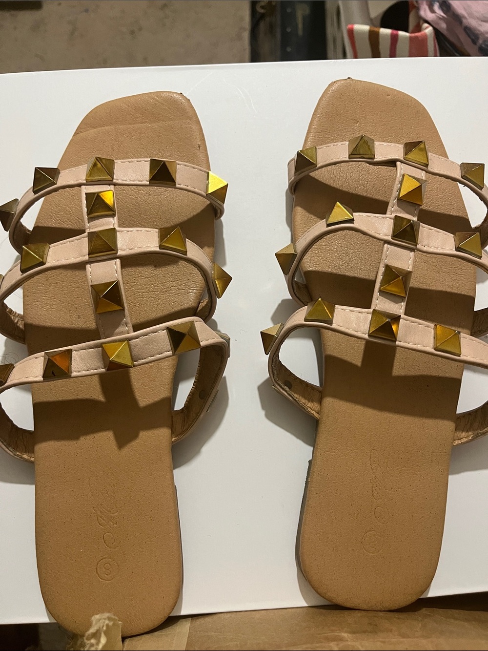 Studded Nude Strappy Flat Sandals - Women